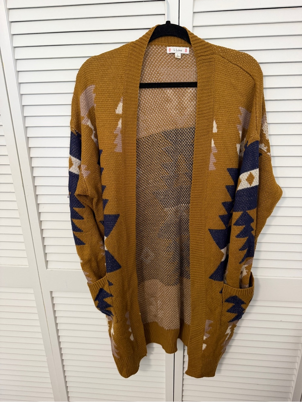 L Love Mustard Aztec Open-Front Women's Cardigan Sweater Size L